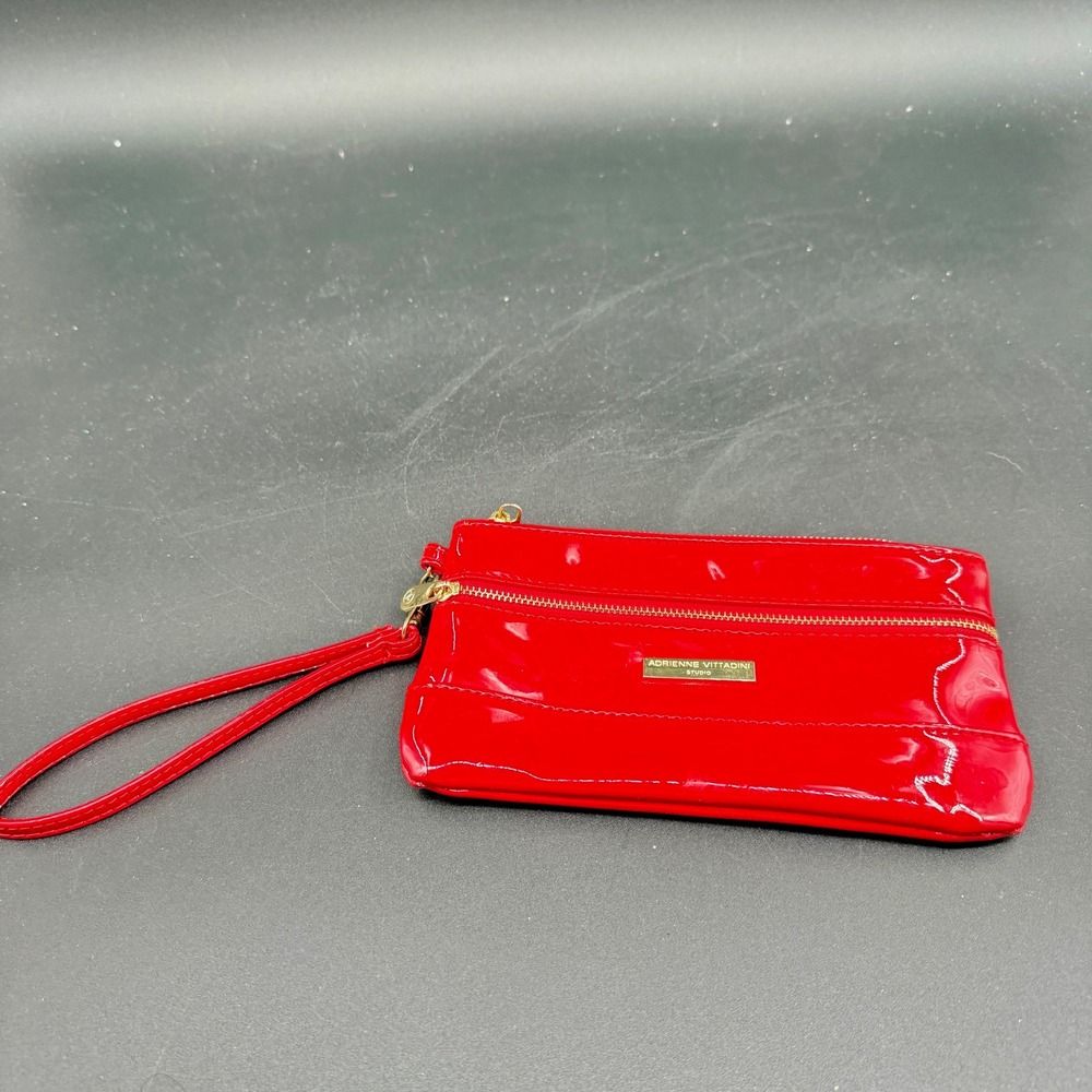 Adrienne Vittadini Studio Red Patent Wristlet Clutch Makeup Bag Zipper Pouch